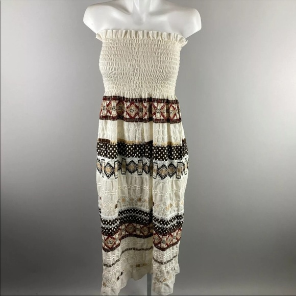 Dresses & Skirts - Vtg 70s Brown Tan White Dot Lace Ruffle Smocked Strapless Dress Boho S/M/L